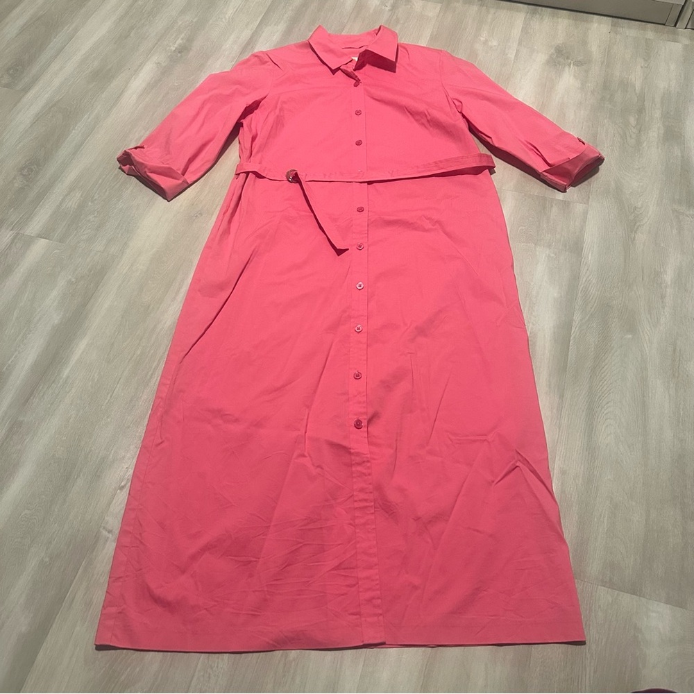 Vintage Talbots Petites Stretch Cotton Pink Button Down Shirt Dress Sz 14